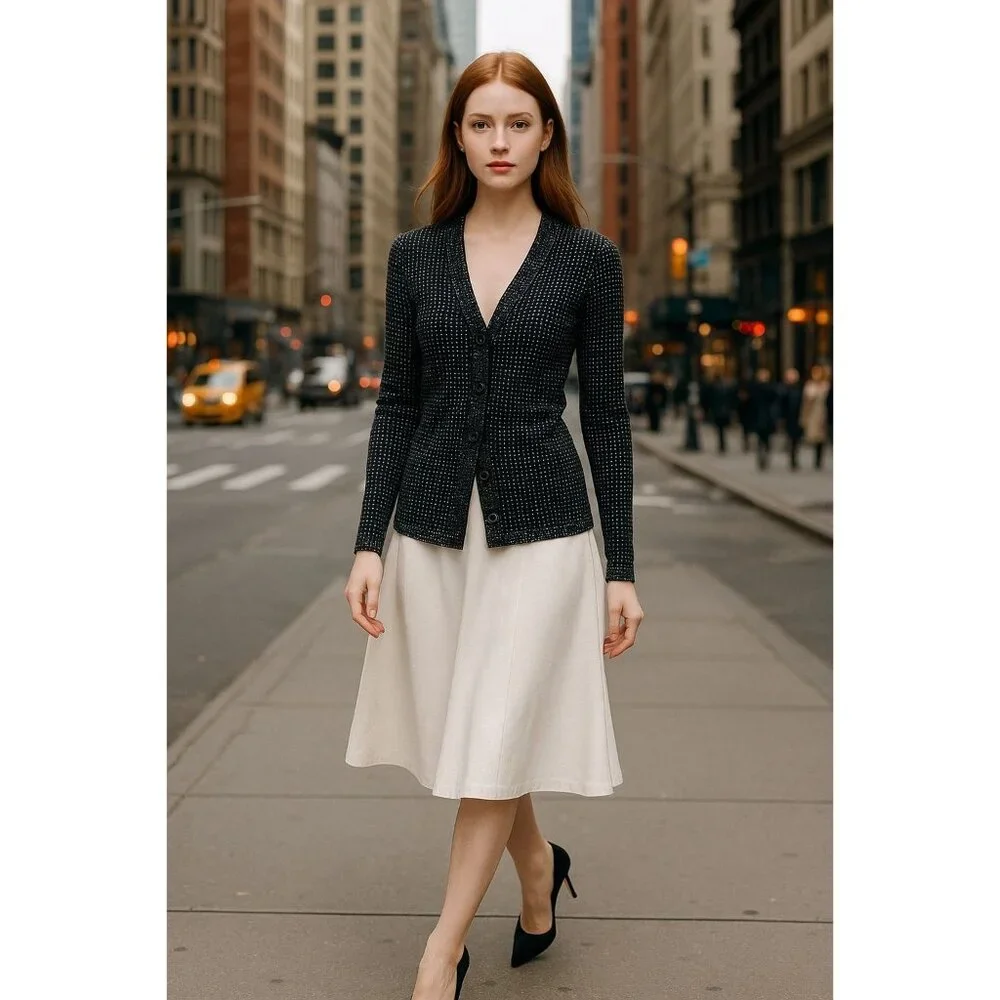 Tory Burch XS Wool Cardigan Button Front Long Sleeve Jacket Micro-Dot Preppy
